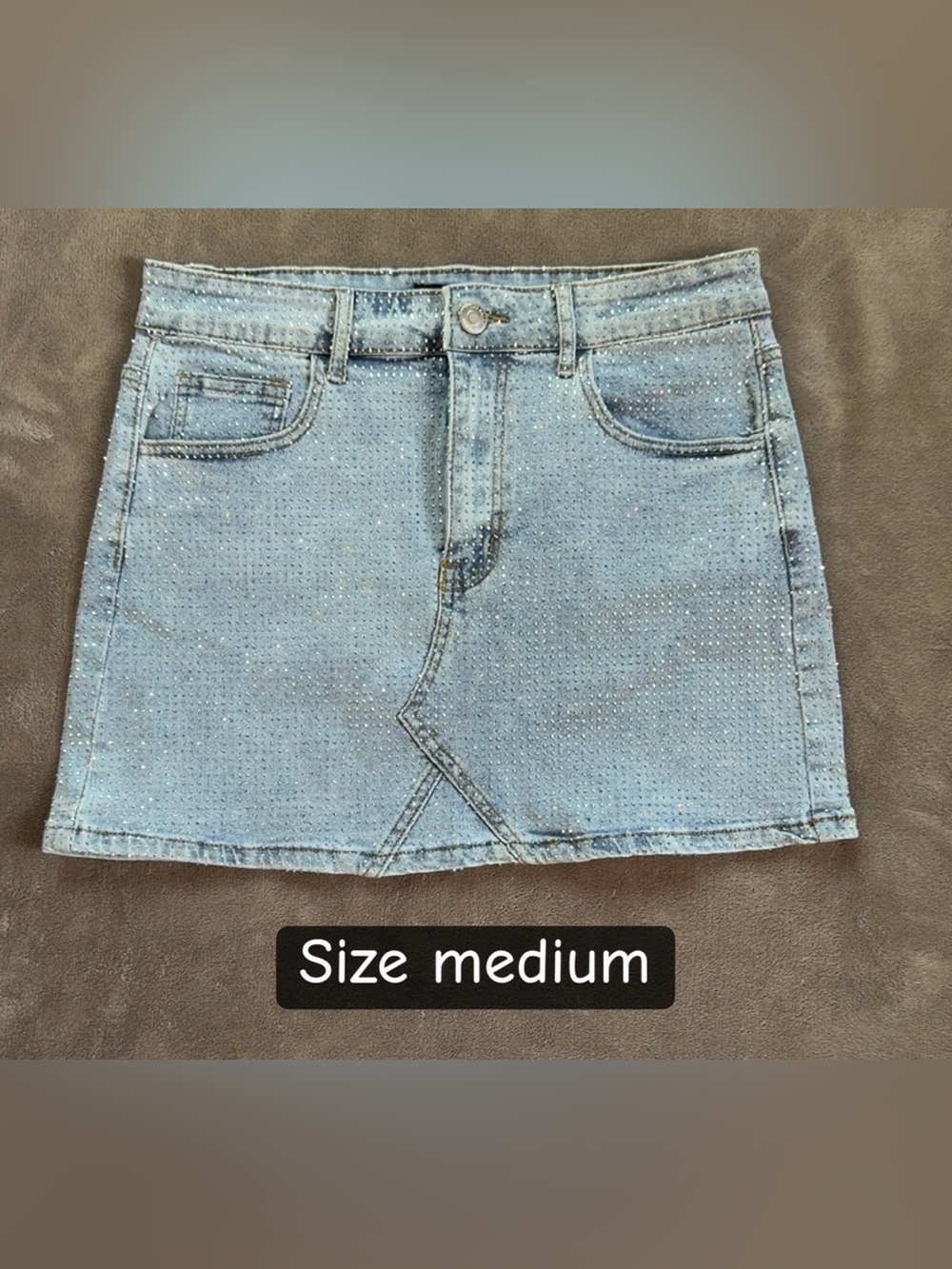 Light Blue Denim Mini Skirt with Rhinestones